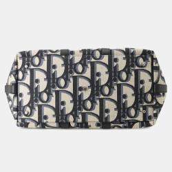 Pre Owned Dior Weekender 40 Navy Beige Oblique Canvas Leather Two Way Bag