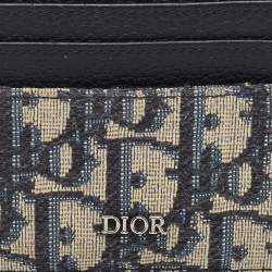 Pre Owned Dior Beige/Navy Blue Oblique Canvas and Leather Card Holder