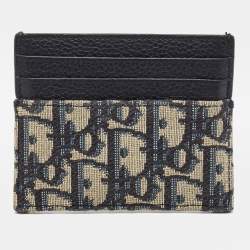 Pre Owned Dior Beige/Navy Blue Oblique Canvas and Leather Card Holder