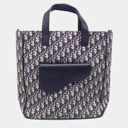 Pre Owned Dior Homme Oblique Beige/Navy Blue Canvas Saddle Tote and Shoulder Bag 1ADSH175YKS