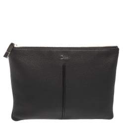 Dior Black Grained Leather Top Zip Slim Clutch