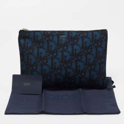 Dior Blue/Black Oblique Print Nylon Zip Pouch