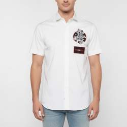 Pre Owned Christian Dior White Chest Applique Poplin Short Sleeve Shirt M