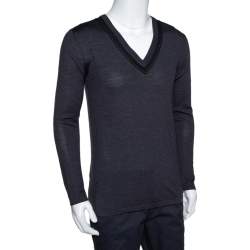 Pre Owned Dior Homme Charcoal Grey Silk & Wool Blend V Neck Sweater XS