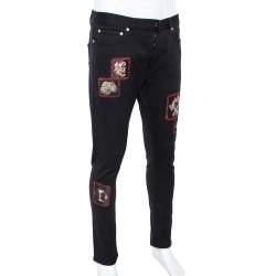 Dior Black Denim Floral Patch Appliqued Tapered Jeans M