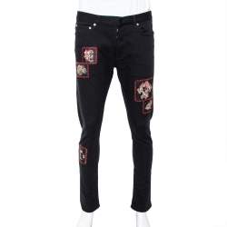 Dior Black Denim Floral Patch Appliqued Tapered Jeans M