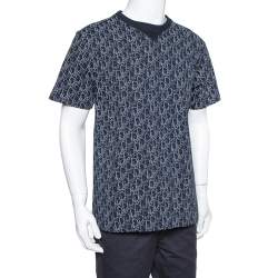 مملوكة مسبقًا Dior Navy Blue Cotton Oblique Motif Print Crewneck T-Shirt M