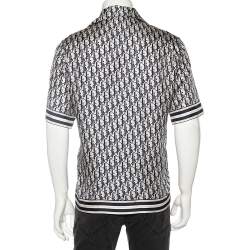 Pre Owned Dior Homme Navy Blue Oblique Monogram Silk Short Sleeve Shirt L