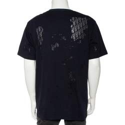 Pre Owned Dior Homme Navy Blue Cotton & Oblique Logo Mesh Inset Crewneck T-Shirt XL