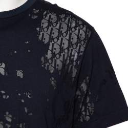 Pre Owned Dior Homme Navy Blue Cotton & Oblique Logo Mesh Inset Crewneck T-Shirt XL