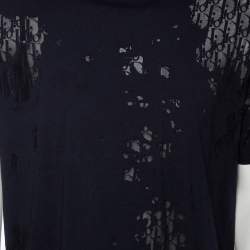 Pre Owned Dior Homme Navy Blue Cotton & Oblique Logo Mesh Inset Crewneck T-Shirt XL