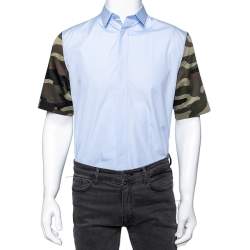 Dior Blue & Camouflage Sleeve Detail Cotton Button Front Shirt M