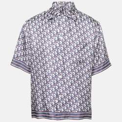 Dior Blue Oblique Pixel Printed Silk Short Sleeve Shirt XL