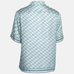 Dior Blue Oblique Pixel Print Silk Short Sleeve Shirt M