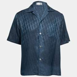Dior Navy Blue Oblique Print Silk & Cotton Bowling Shirt M 