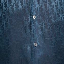 Dior Navy Blue Oblique Print Silk & Cotton Bowling Shirt M 