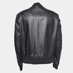 Dior Homme Black Leather Zip Front Bomber Jacket XL