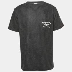Dior Dark Grey Striped Embroidered Wool Crew Neck T-Shirt XL