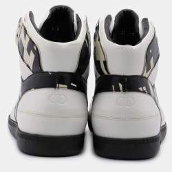 Pre Owned Dior White/Black Printed Leather High Top Sneakers Size 41.5