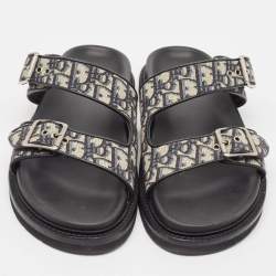 Dior Blue/Black Oblique Canvas and Leather Aqua Slides Size 45
