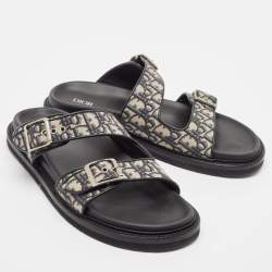 Dior Blue/Black Oblique Canvas and Leather Aqua Slides Size 45