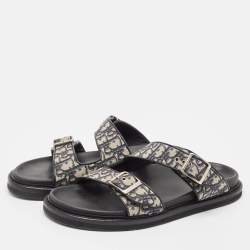 Dior Blue/Black Oblique Canvas and Leather Aqua Slides Size 45