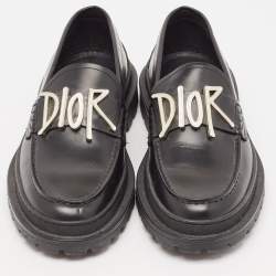 Dior x Stussy Black Leather Slip On Loafers Size 41