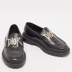 Dior x Stussy Black Leather Slip On Loafers Size 41