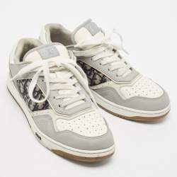Pre Owned Dior Grey/White Leather and Oblique Fabric B27 Low Top Sneakers Size 42.5