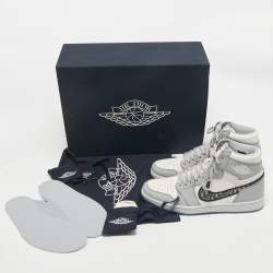 Pre Owned Dior x Jordan Grey/White Leather Jordan 1 Retro High Sneakers Size 43