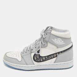 Pre Owned Dior x Jordan Grey/White Leather Jordan 1 Retro High Sneakers Size 43