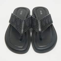 Dior Black Oblique Jacquard and Leather Alias Flat Thong Sandals Size 41