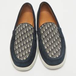 Dior Navy Blue Suede/Beige and Oblique Jacquard Granville Loafers Size 41.5