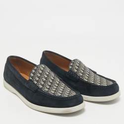 Dior Navy Blue Suede/Beige and Oblique Jacquard Granville Loafers Size 41.5
