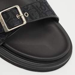 Pre Owned Dior Black Oblique Canvas and Leather Aqua Flat Slide Sandals Size 45