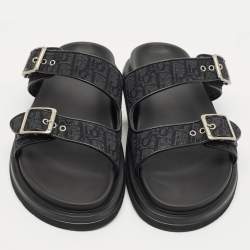 Pre Owned Dior Black Oblique Canvas and Leather Aqua Flat Slide Sandals Size 45