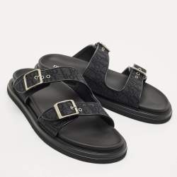Pre Owned Dior Black Oblique Canvas and Leather Aqua Flat Slide Sandals Size 45