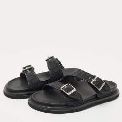 Pre Owned Dior Black Oblique Canvas and Leather Aqua Flat Slide Sandals Size 45