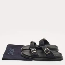 Pre Owned Dior Black Oblique Canvas and Leather Aqua Flat Slide Sandals Size 45