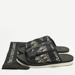 Pre Owned Dior Navy Blue/Black Oblique Canvas Alpha Flat Slide Sandals Size 48