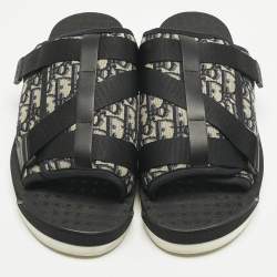 Pre Owned Dior Navy Blue/Black Oblique Canvas Alpha Flat Slide Sandals Size 48