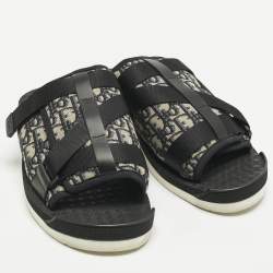 Pre Owned Dior Navy Blue/Black Oblique Canvas Alpha Flat Slide Sandals Size 48