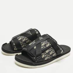 Pre Owned Dior Navy Blue/Black Oblique Canvas Alpha Flat Slide Sandals Size 48