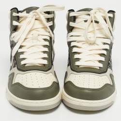 Pre Owned Christian Dior Green/Beige Leather and Canvas B27 High Top Sneakers Size 41.5
