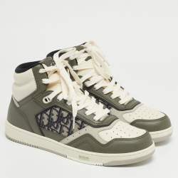 Pre Owned Christian Dior Green/Beige Leather and Canvas B27 High Top Sneakers Size 41.5