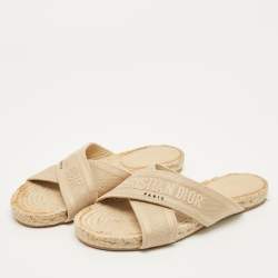 Pre Owned Dior Granville Size 40.5 Beige Canvas Crisscross Flat Slide