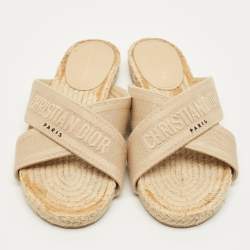 Pre Owned Dior Granville Size 40.5 Beige Canvas Crisscross Flat Slide