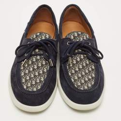 Pre Owned حذاء لوفرز ديور غرانفيل جاكار مائل أزرق بحري/بيج ومخمل برباط مقاس 44