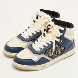 Pre Owned Dior B27 Uptown Size 42 Navy Blue/White Oblique Canvas and Leather Lace Up Sneakers