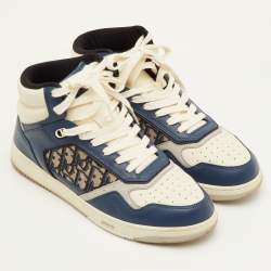 Pre Owned Dior B27 Uptown Size 42 Navy Blue/White Oblique Canvas and Leather Lace Up Sneakers